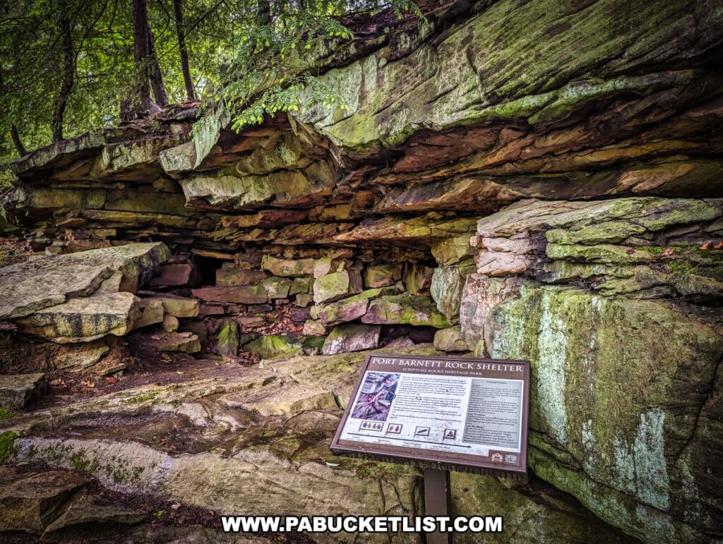 A rock shelter at Scripture Rocks Heritage Park in Jefferson County, Pennsylvania, known as the Port Barnett Rock Shelter. The image shows the layered rock formation of the shelter with a detailed interpretive sign in the foreground. The sign provides historical context about the shelter's use by prehistoric Native Americans. The surrounding area is forested, adding to the natural and historical significance of the site.