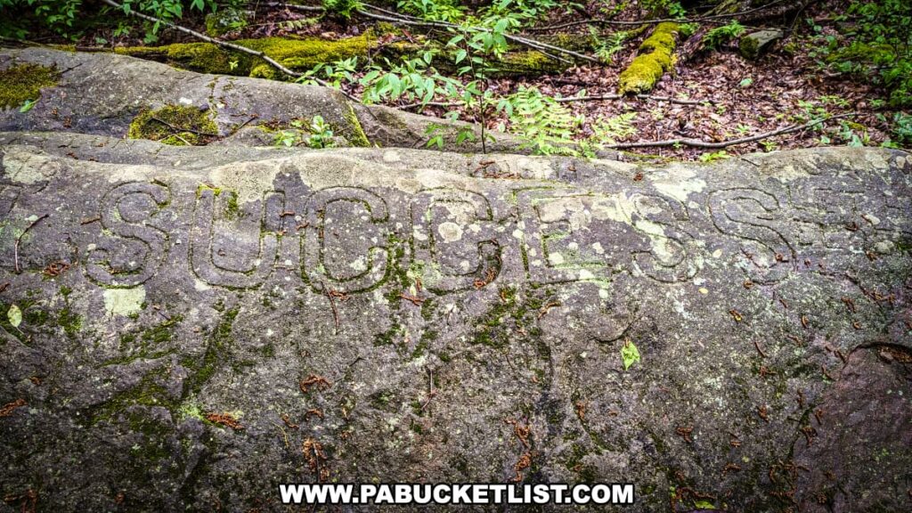 A moss-covered boulder at Scripture Rocks Heritage Park in Jefferson County, Pennsylvania, engraved with the word "SUCCESS" by Douglas M. Stahlman. The rock is set in a wooded area with surrounding vegetation, reflecting Stahlman's positive and hopeful messages through his carvings in the park's natural setting.
