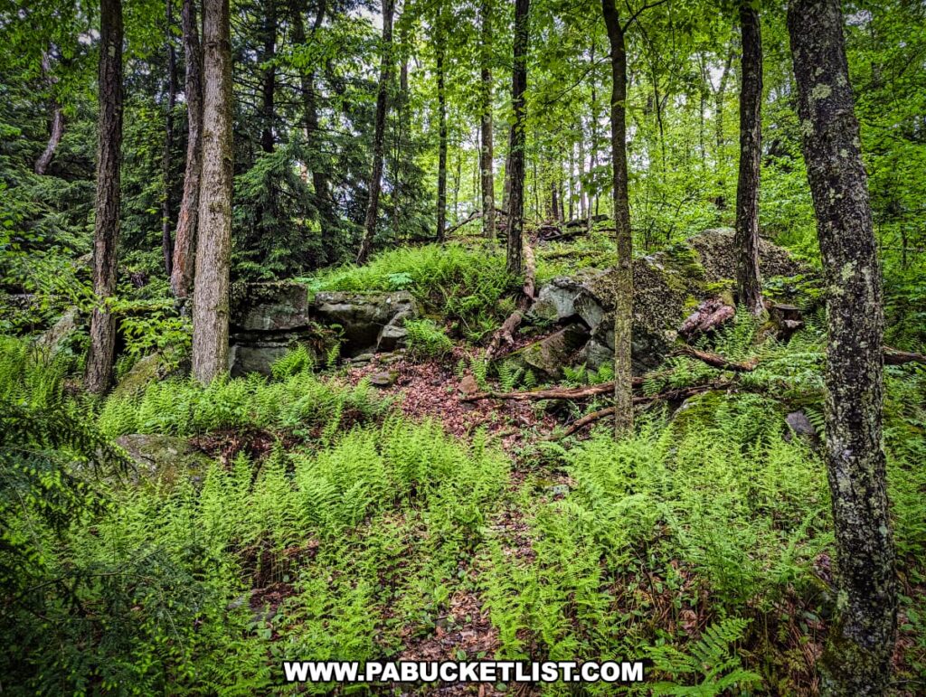 A lush, forested area in Scripture Rocks Heritage Park, Jefferson County, Pennsylvania, featuring moss-covered boulders and a ground layer of vibrant green ferns. Tall trees surround the rocks, creating a serene and shaded environment along the hiking trail.
