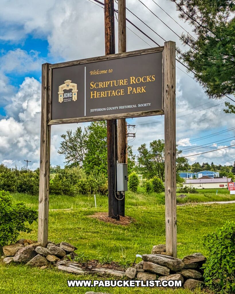 The entrance sign to Scripture Rocks Heritage Park in Jefferson County, Pennsylvania, maintained by the Jefferson County Historical Society. The sign is mounted on wooden posts and stands in a grassy area with trees and a blue sky with clouds in the background.