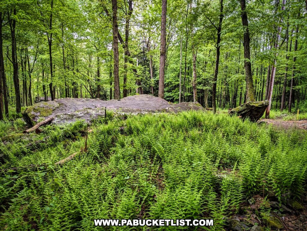A serene forest scene at Scripture Rocks Heritage Park in Jefferson County, Pennsylvania, featuring a large flat boulder surrounded by vibrant green ferns and tall trees. The tranquil environment showcases the natural beauty of the park, with the boulder reflecting Douglas M. Stahlman's historical and spiritual carvings.