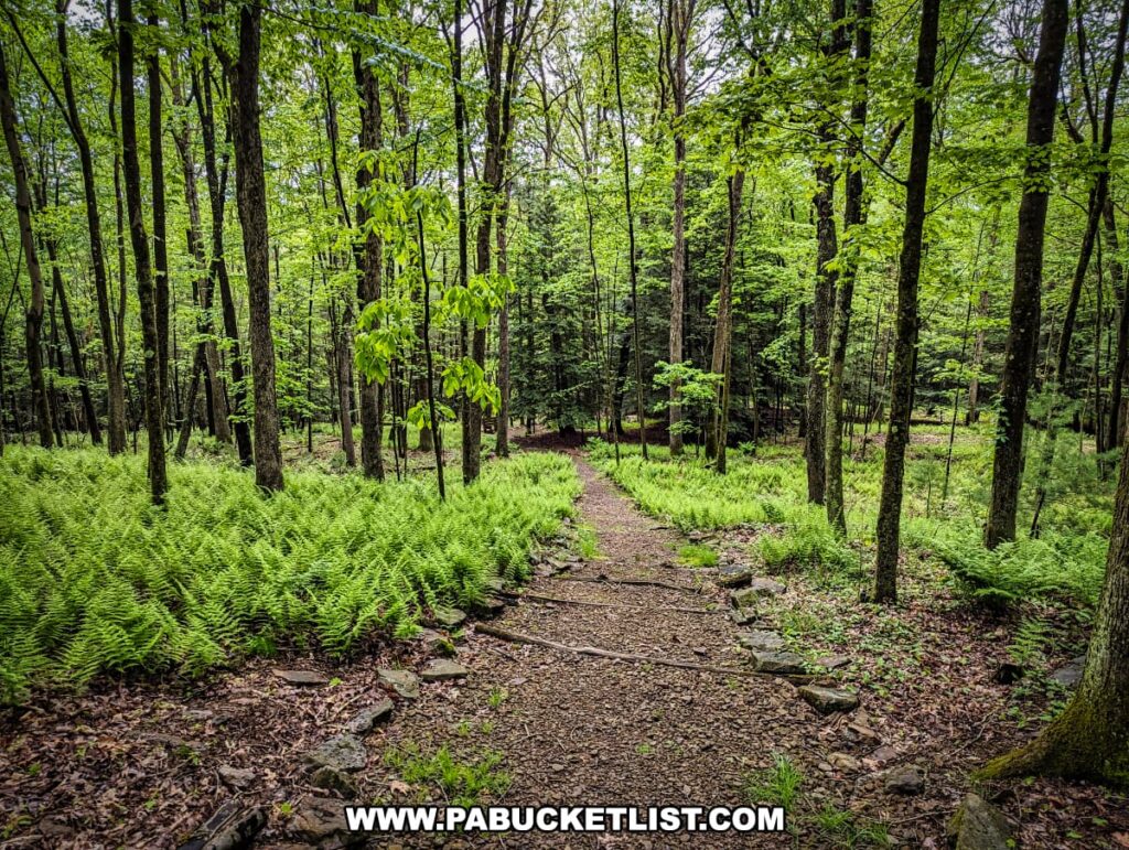A gravel hiking trail winding through the lush forest at Scripture Rocks Heritage Park in Jefferson County, Pennsylvania. The trail is bordered by vibrant green ferns and tall trees, creating a serene and inviting pathway for visitors to explore the park and its historical carved rocks by Douglas M. Stahlman.