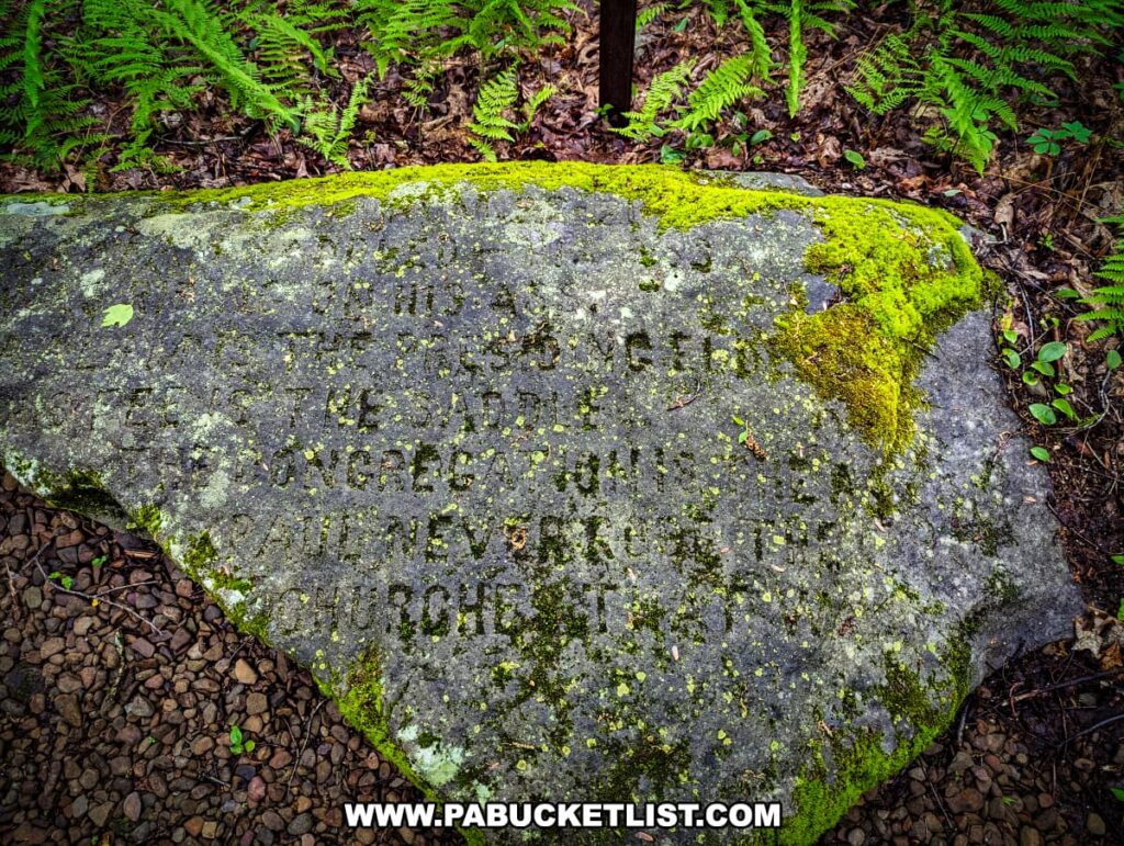A moss-covered boulder at Scripture Rocks Heritage Park in Jefferson County, Pennsylvania, engraved with lengthy inscriptions by Douglas M. Stahlman. The rock is partially covered with moss, surrounded by gravel and lush green ferns, reflecting Stahlman's dedication to carving messages that convey his religious and socio-political beliefs.