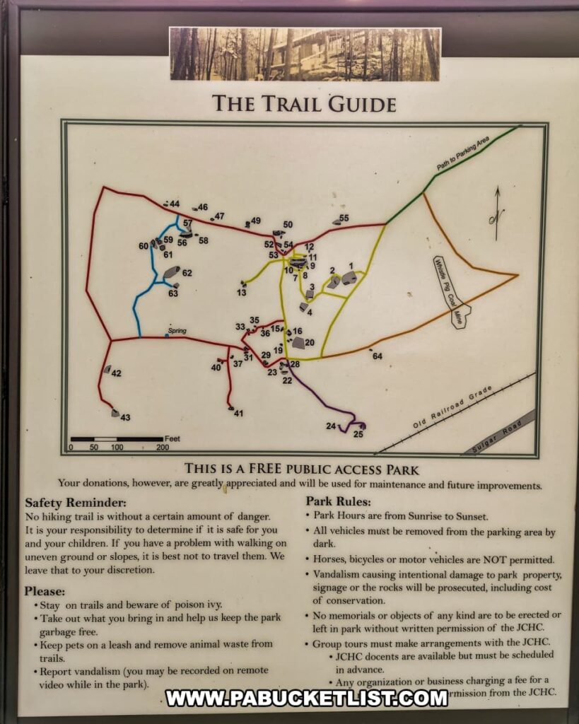 A trail guide map at Scripture Rocks Heritage Park in Jefferson County, Pennsylvania, displaying the locations of inscribed rocks and trails throughout the park. The map includes numbered rock sites and color-coded trails, along with safety reminders and park rules. The guide emphasizes staying on trails, being aware of poison ivy, and keeping pets on leashes. It also highlights park hours, vehicle regulations, and the prohibition of vandalism and memorials without permission. The guide provides an overview for visitors to navigate and explore the historical and natural features of the park.