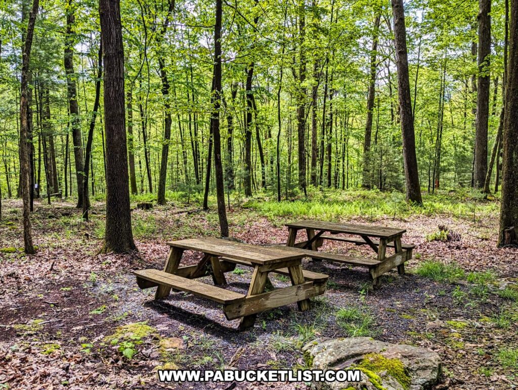 Two wooden picnic tables set in a shaded area of Scripture Rocks Heritage Park in Jefferson County, Pennsylvania. The tables are surrounded by tall trees and forest undergrowth, providing a tranquil and inviting spot for visitors to relax and enjoy the natural surroundings.