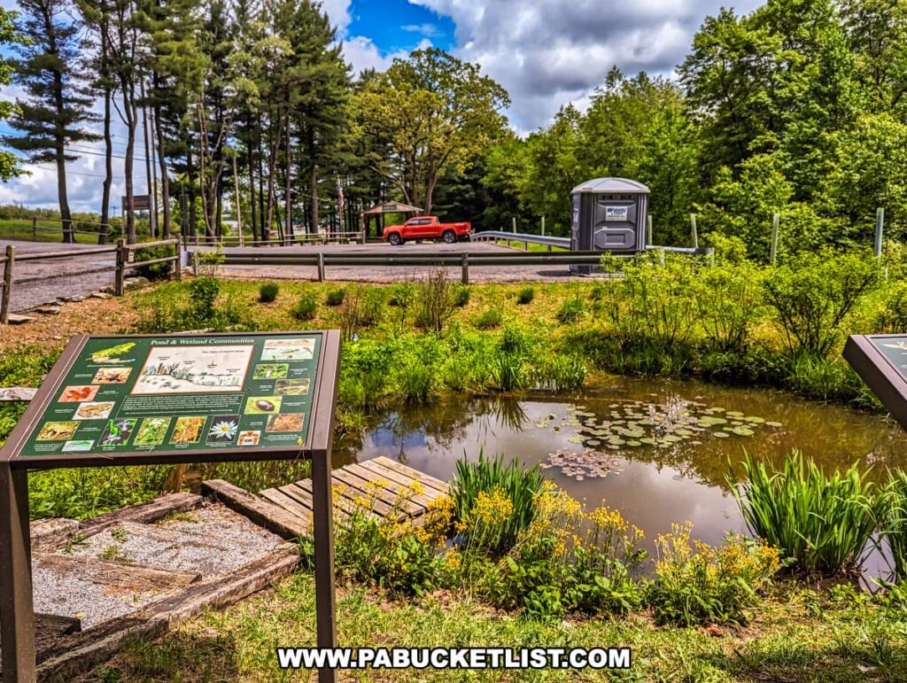 A view of the pollinator garden and pond at Scripture Rocks Heritage Park in Jefferson County, Pennsylvania. The image features educational signage about food and wetland communities, a small wooden bridge, and lily pads floating on the pond. In the background, there is a parking area with a portable toilet and a red truck parked, surrounded by trees and greenery under a partly cloudy sky.