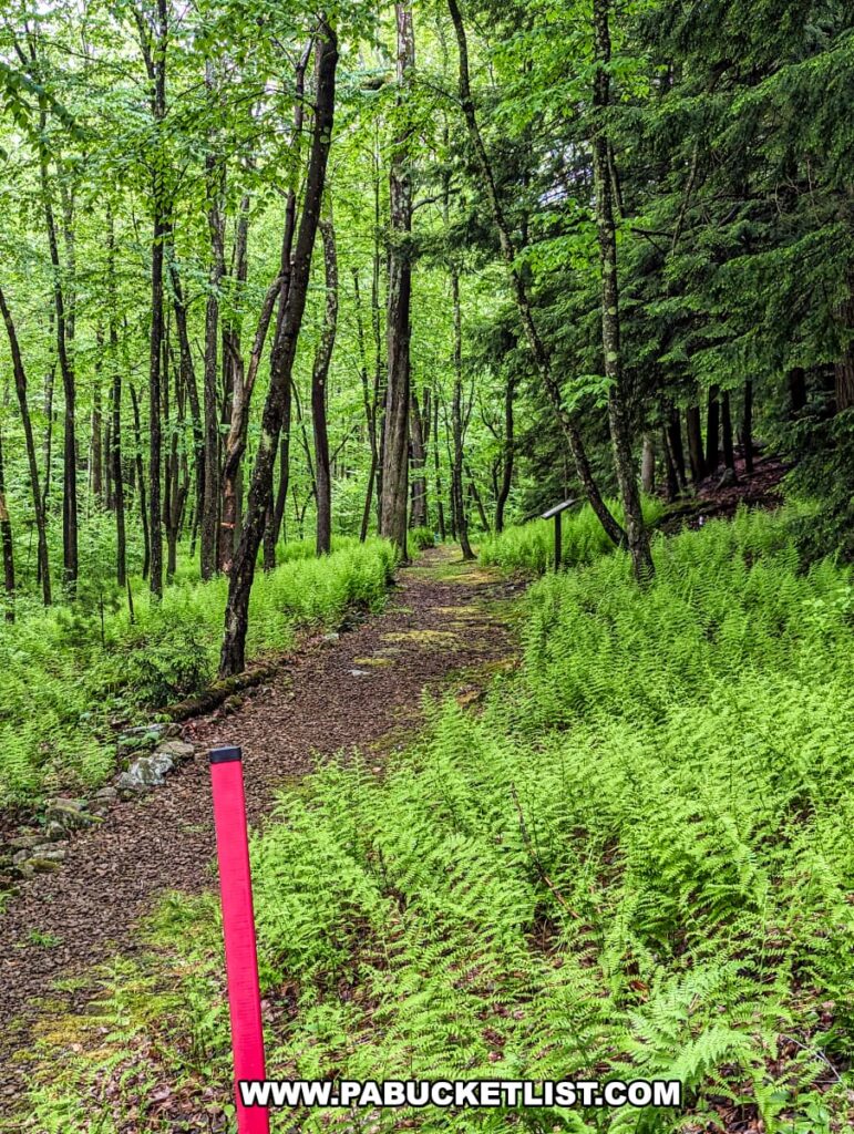 A gravel trail winding through a lush, green forest at Scripture Rocks Heritage Park in Jefferson County, Pennsylvania. The trail is bordered by vibrant ferns and tall trees, creating a serene and shaded pathway for visitors. A red trail marker is visible in the foreground, guiding hikers through the peaceful woodland.