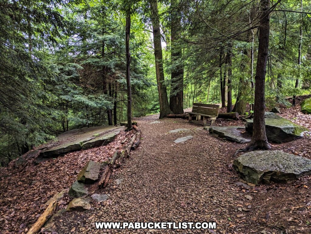 A gravel trail at Scripture Rocks Heritage Park in Jefferson County, Pennsylvania, leading through a shaded forest area. The path is lined with large, flat boulders and leaf litter, with a wooden bench situated along the trail for visitors to rest and enjoy the natural surroundings. Tall trees and dense foliage create a tranquil and inviting atmosphere.