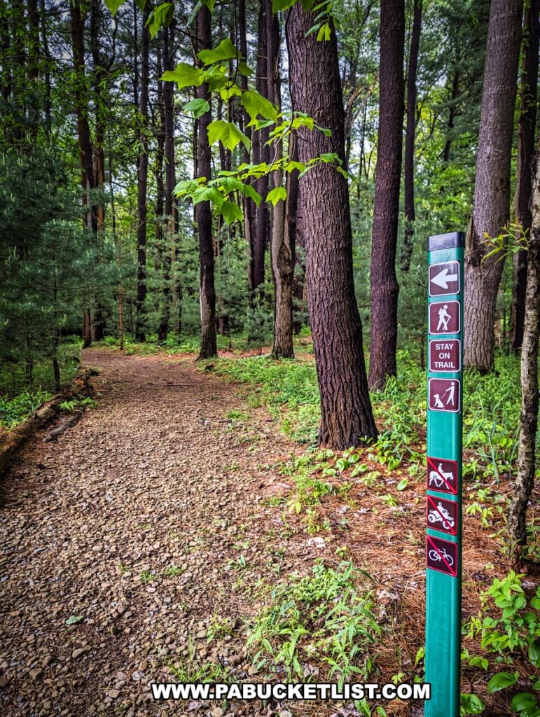 A gravel trail at Scripture Rocks Heritage Park in Jefferson County, Pennsylvania, winding through a dense forest of tall trees. A green trail marker post in the foreground displays symbols for hiking, staying on the trail, and prohibitions against littering, motor vehicles, horses, and bicycles. The lush greenery and serene environment invite visitors to explore the park's natural and historical features.