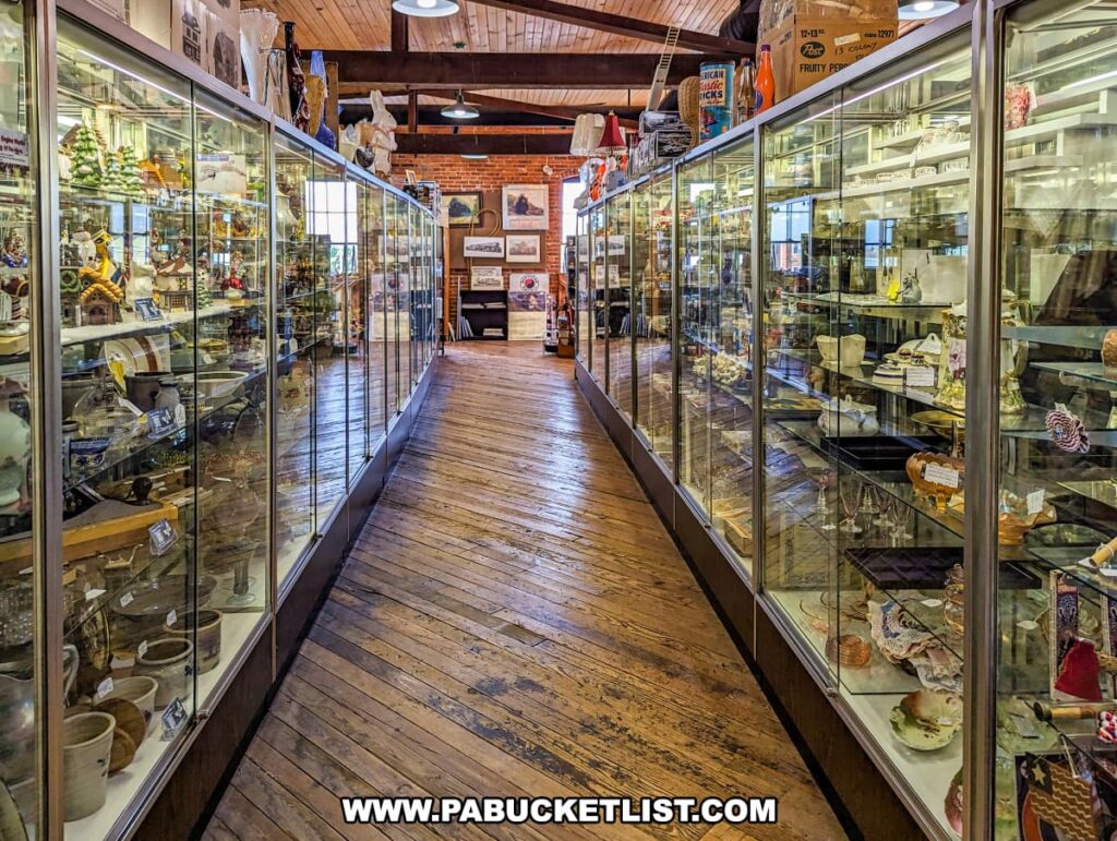 An aisle at the Strasburg Antique Market lined with glass display cases filled with a variety of collectibles, including ceramics, glassware, and small decorative items. The wooden floor and exposed beams on the ceiling add to the market's rustic charm. The display cases are well-lit, showcasing the intricate details of the items inside. The far end of the aisle opens up to more displays, hinting at the extensive and varied selection available throughout the market.