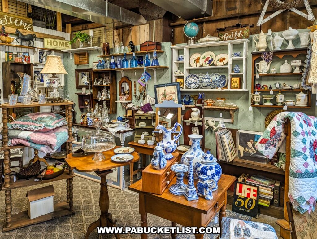 A beautifully arranged section of the Strasburg Antique Market featuring high-end antiques and collectibles. Shelves and tables display an array of items, including blue and white porcelain, vintage glassware, decorative plates, and framed art. Quilts, pillows, and other textiles add a cozy touch to the scene. The space is well-lit, highlighting the intricate details of each item, and the rustic decor enhances the market's historical and inviting atmosphere. Signs reading "Welcome," "Home," and "Thankful" add a warm and homely feel to the display.