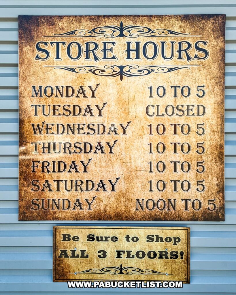 A sign displaying the store hours for the Strasburg Antique Market, indicating that it is open from 10 AM to 5 PM on Monday, Wednesday, Thursday, Friday, and Saturday, from noon to 5 PM on Sunday, and closed on Tuesday. Below the hours, another sign encourages visitors to explore all three floors of the market. The signs have a vintage design with ornate detailing, complementing the historical ambiance of the market.