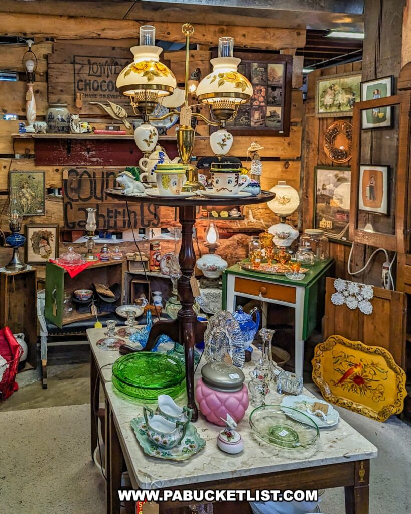 A charming display at the Strasburg Antique Market featuring vintage and country-themed decor. The centerpiece is a double lamp with ornate shades, surrounded by a variety of collectibles including colorful glassware, decorative plates, and figurines. The wooden shelves and rustic backdrop add to the nostalgic atmosphere. Various framed pictures and antique items adorn the walls, enhancing the historical feel of the display. The eclectic mix of items showcases the diverse and unique selection available at the market.