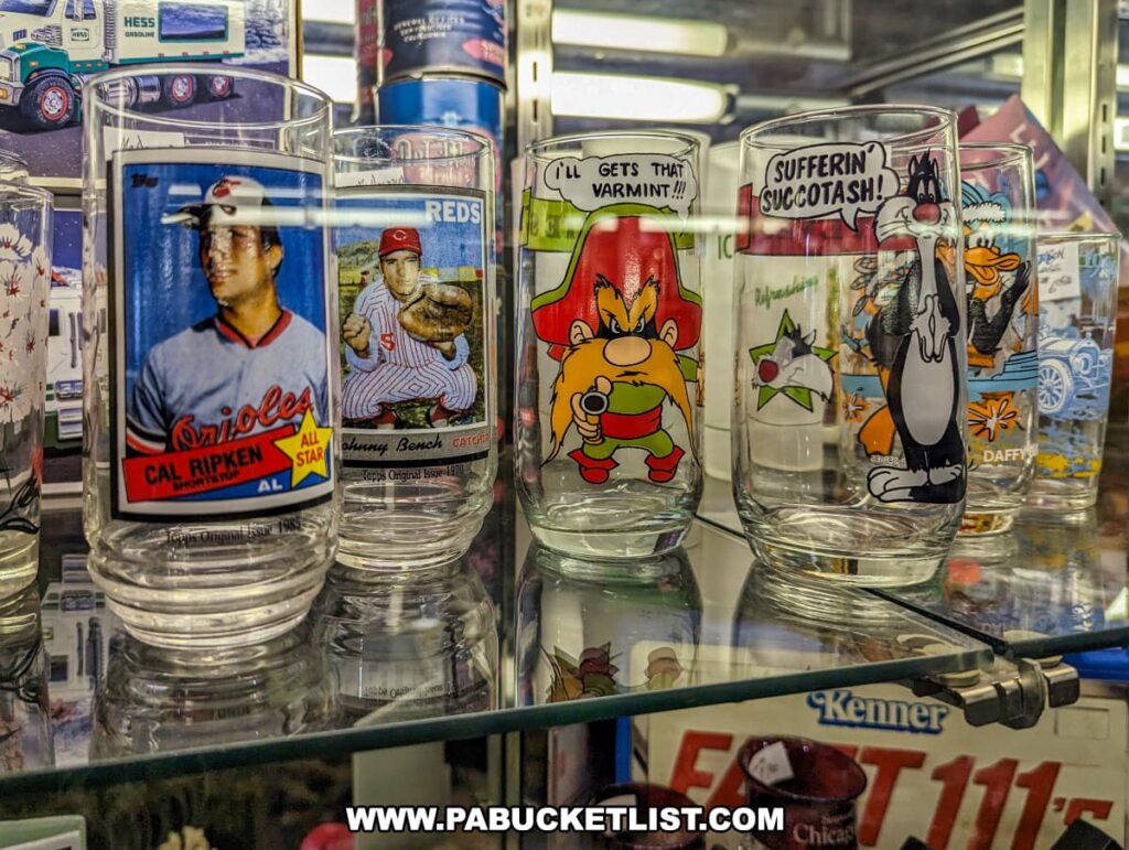 A display of vintage drinking glasses at the Strasburg Antique Market, featuring collectible designs such as Cal Ripken and Johnny Bench baseball cards, as well as Looney Tunes characters Yosemite Sam and Sylvester. The glasses are arranged on a glass shelf, showcasing their vibrant and nostalgic artwork. The background includes additional collectible items, enhancing the sense of history and variety available at the market.