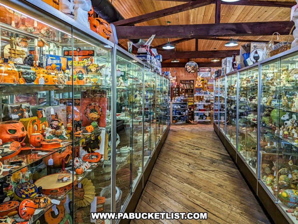 A well-organized aisle at the Strasburg Antique Market featuring glass display cases filled with vintage holiday decorations. The left side showcases a vibrant collection of Halloween items, including pumpkins, witches, and other festive decor. The right side contains an array of other collectibles, including ceramic figurines and various knick-knacks. The wooden floor and ceiling beams enhance the market's cozy and nostalgic atmosphere, inviting visitors to explore the extensive and diverse selection of antiques.