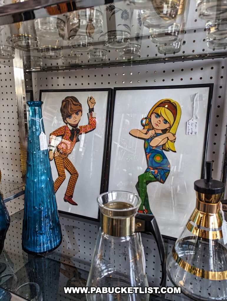 A display at the Tollbooth Antique Warehouse in Lancaster County, Pennsylvania features vibrant 1960s-style artwork of a man and woman dancing, set in black frames. Surrounding the artwork are vintage glassware items, including a tall blue vase, clear glasses, and pitchers with gold accents. The display showcases the eclectic mix of mid-century modern decor available at the multi-vendor antique store.