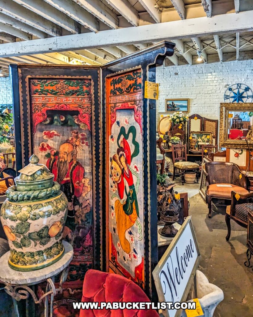 A vibrant display at the Tollbooth Antique Warehouse in Lancaster County, Pennsylvania features an ornate Asian folding screen with detailed paintings of figures in traditional attire. Surrounding the screen are various antique furniture pieces, including chairs and tables, along with decorative items such as a large ceramic vase with intricate floral designs. The display is set against a backdrop of white brick walls and a high ceiling with exposed beams, highlighting the diverse and unique offerings at this expansive multi-vendor antique store.