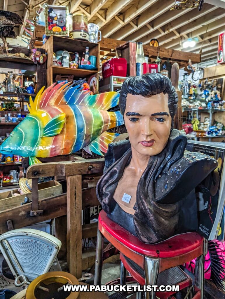 A colorful and eclectic display at the Tollbooth Antique Warehouse in Lancaster County, Pennsylvania features a bust of Elvis Presley prominently placed on a red vintage stool. Behind the Elvis bust is a vibrant, multi-colored fish sculpture, adding a whimsical touch to the scene. Surrounding these items are various collectibles and memorabilia, including vintage bottles, toys, and other unique artifacts, set against the backdrop of wooden shelves and exposed beams of the former factory building.