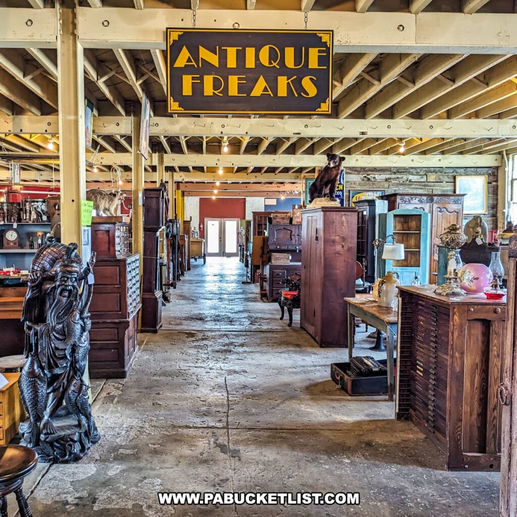 An aisle at the Tollbooth Antique Warehouse in Lancaster County, Pennsylvania showcases various vintage furniture pieces and collectibles, flanked by sturdy wooden pillars and a high ceiling with exposed beams. A prominent sign reading "Antique Freaks" hangs above, indicating a specific vendor area within the expansive multi-vendor antique store. The aisle is lined with intricately carved wooden statues, ornate cabinets, and other unique antique items, providing a glimpse into the diverse offerings at this large antique marketplace.
