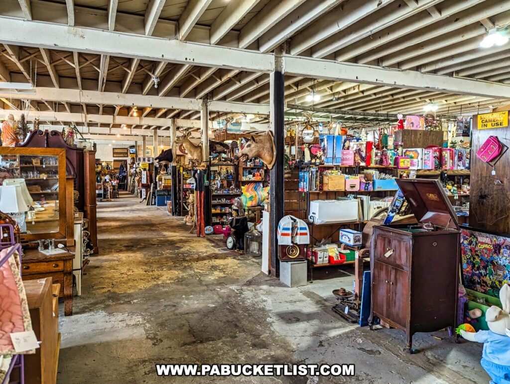 A view inside the Tollbooth Antique Warehouse in Lancaster County, Pennsylvania shows an expansive aisle filled with a diverse array of antiques and collectibles. The scene includes wooden furniture, stuffed animal heads mounted on the walls, vintage toys, and various other nostalgic items. The high ceiling with exposed beams and the well-worn concrete floor add to the rustic charm of the former factory building, highlighting the extensive selection available at this large multi-vendor antique store.