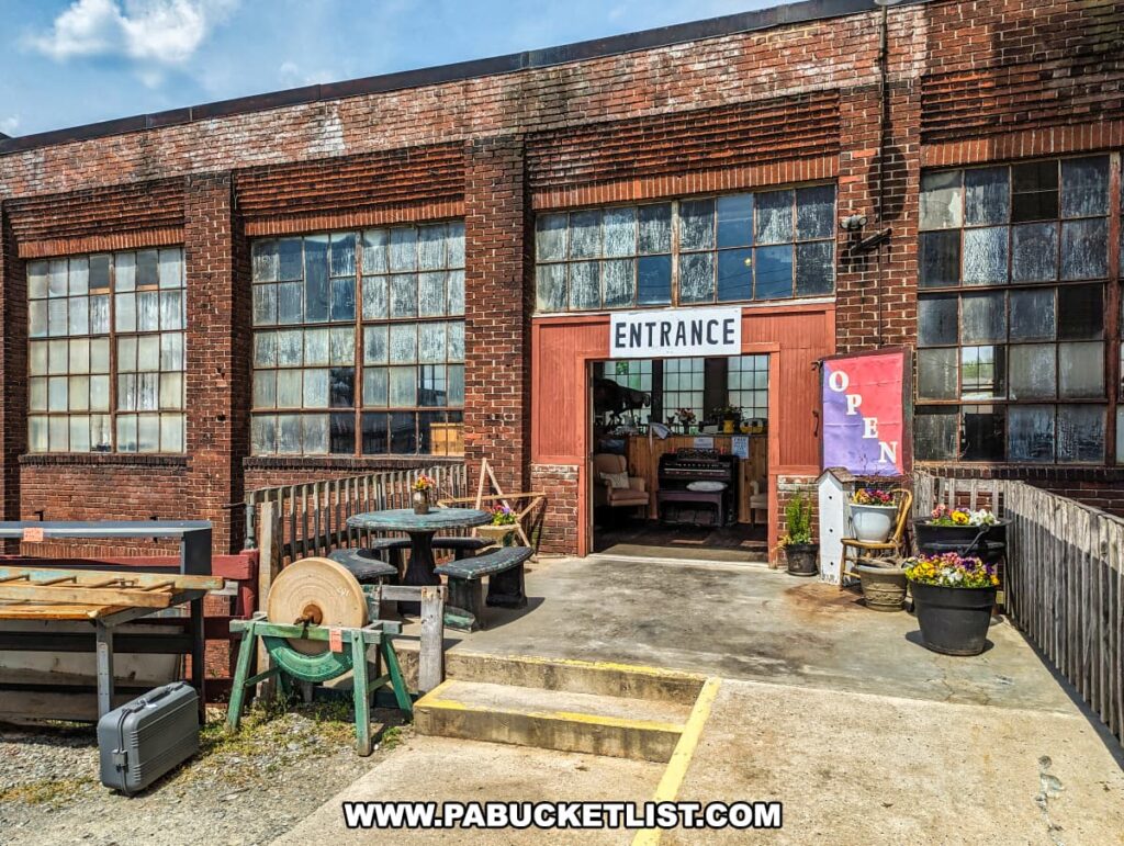 The entrance to the Tollbooth Antique Warehouse in Lancaster County, Pennsylvania, features a brick facade with large, industrial-style windows. A sign above the open double doors reads "Entrance," inviting visitors into the multi-vendor antique store housed in a former factory building. Outside, various antique items, including tables and a stone grinding wheel, are displayed along with potted flowers and a colorful "Open" sign. The scene captures the rustic charm and welcoming atmosphere of this expansive 40,000 square foot marketplace.