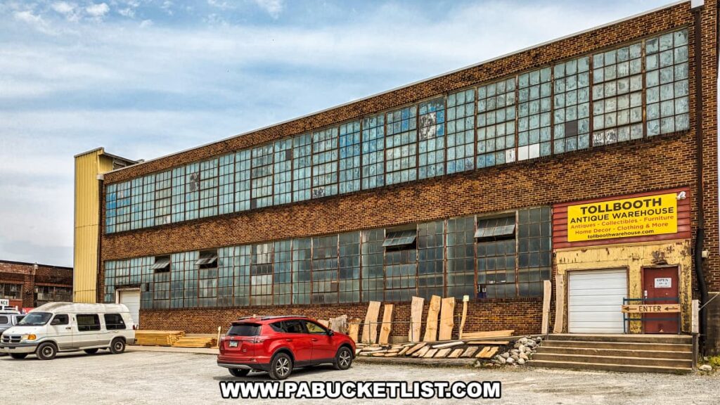 The exterior of the Tollbooth Antique Warehouse in Lancaster County, Pennsylvania, showcases a large, industrial brick building with expansive, multi-paned windows typical of a former factory. A bright yellow sign on the side of the building indicates the entrance and identifies the warehouse as a hub for antiques, collectibles, and furniture. In front of the building, several cars are parked on a gravel lot, and wooden planks are stacked near the loading dock. The warehouse's rustic and utilitarian architecture highlights its history and the extensive space dedicated to housing a wide variety of antique vendors.