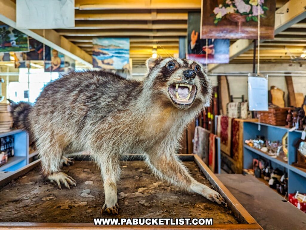 A display at the Tollbooth Antique Warehouse in Lancaster County, Pennsylvania, features a lifelike taxidermy raccoon with an open mouth, showcasing its teeth. The raccoon is mounted on a wooden base, surrounded by various antiques and collectibles, including paintings, decorative items, and vintage furniture. The background reveals the rustic interior of the former factory building, with exposed beams and shelves filled with unique items from multiple vendors, highlighting the eclectic and varied nature of the store's offerings.