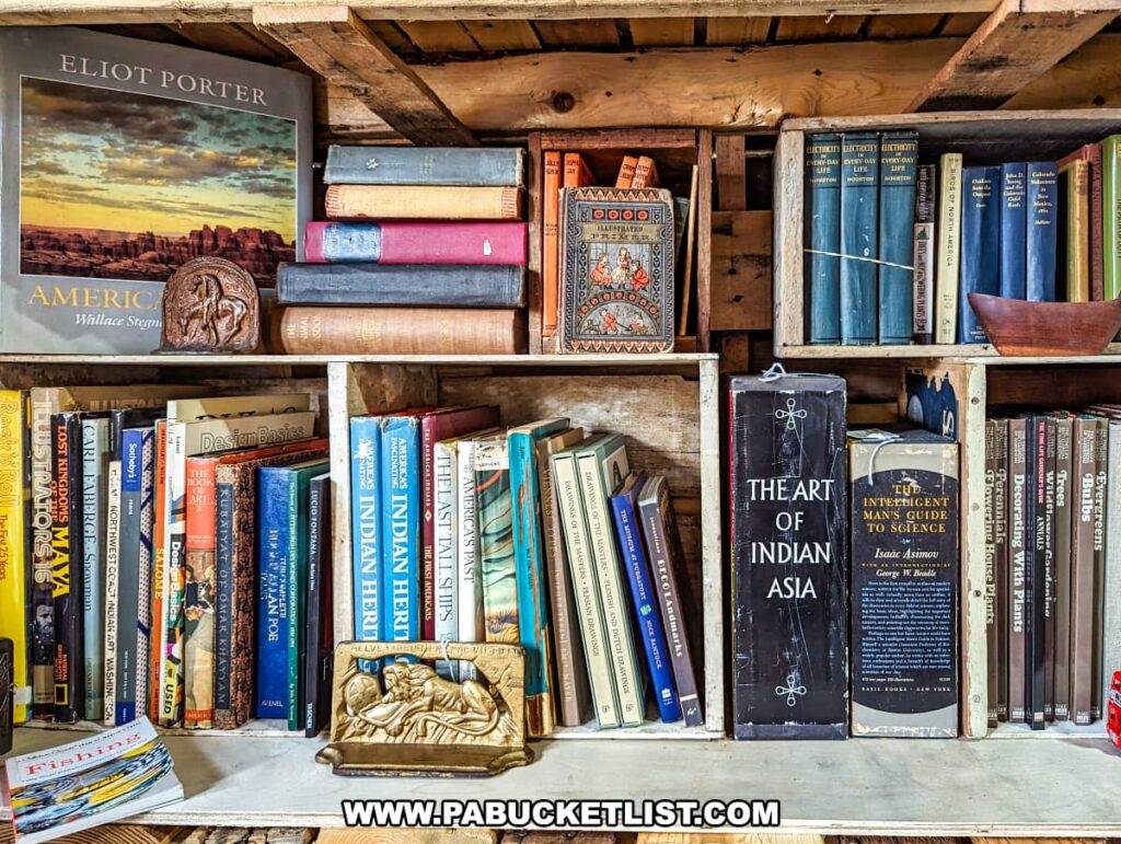 A display at the Tollbooth Antique Warehouse in Lancaster County, Pennsylvania, features a collection of vintage books neatly arranged on wooden shelves. The assortment includes various titles and genres, from classic literature to art books, such as "The Art of Indian Asia" and "The Intelligent Man's Guide to Science" by Isaac Asimov. Decorative bookends and small figurines add to the charm of the display, which is set against a rustic wooden backdrop. This eclectic mix of literary treasures highlights the diverse offerings available at the multi-vendor antique store housed in a former factory building.