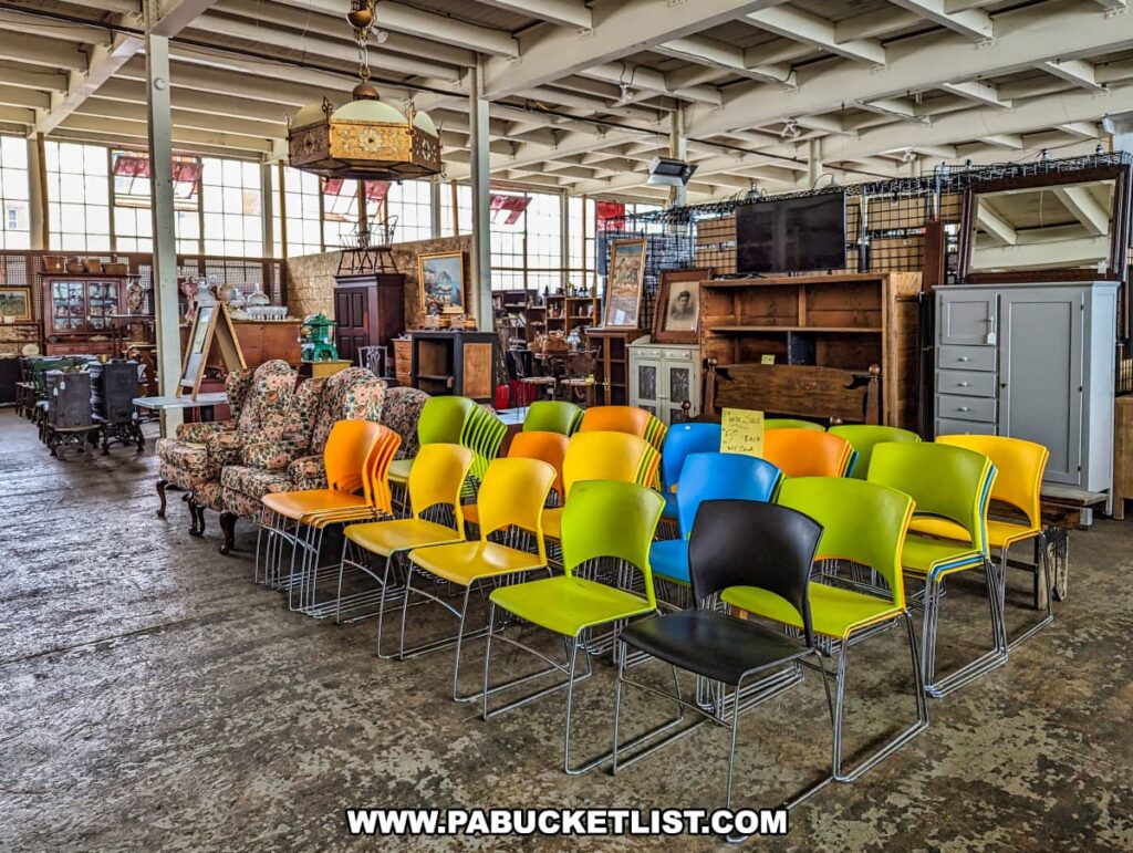 Inside the Tollbooth Antique Warehouse in Lancaster County, Pennsylvania, a display features a colorful assortment of vintage chairs arranged in neat rows. The chairs come in vibrant shades of orange, yellow, green, and blue, contrasting with the more traditional floral-patterned armchairs nearby. The spacious, well-lit area showcases additional antique furniture, including cabinets, tables, and decorative items, set against large industrial windows and exposed beams. This eclectic mix of seating options and other furnishings highlights the diverse offerings at the multi-vendor antique store located in a former factory building.
