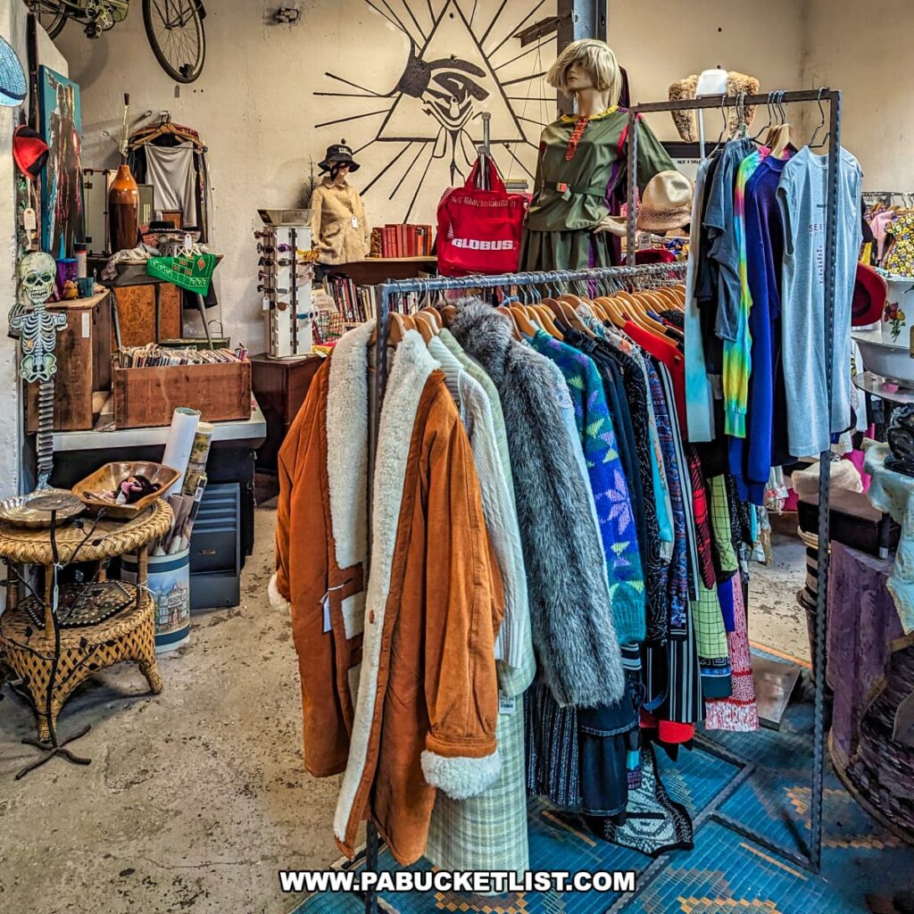 A vibrant section at the Tollbooth Antique Warehouse in Lancaster County, Pennsylvania, displays a variety of vintage clothing on racks. The selection includes colorful coats, fur-lined jackets, patterned sweaters, and retro dresses. Nearby, mannequins showcase additional outfits and accessories, while the surrounding area is filled with eclectic items such as wicker furniture, vinyl records, hats, and wall art featuring a hand and eye design. The unique and diverse collection highlights the wide range of fashion and decor available at the multi-vendor antique store housed in a former factory building.