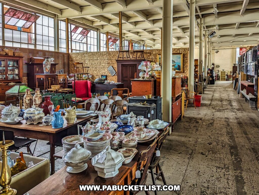 The interior of the Tollbooth Antique Warehouse in Lancaster County, Pennsylvania, showcases a well-organized display of vintage dishware and furniture. Various tables are filled with an assortment of ceramic and porcelain items, including teapots, pitchers, plates, and bowls in different colors and patterns. Surrounding the dishware, antique furniture pieces such as cabinets, chairs, and lamps are arranged throughout the spacious, well-lit area. The large industrial windows and exposed beams highlight the historical charm of the former factory building, emphasizing the extensive and eclectic collection available at this multi-vendor antique store.