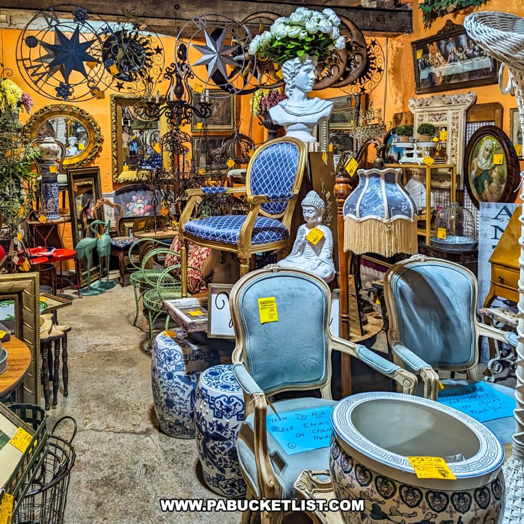 A vibrant display at the Tollbooth Antique Warehouse in Lancaster County, Pennsylvania, features an eclectic mix of vintage furniture and decorative items. The scene includes ornate chairs with blue upholstery, blue and white ceramic garden stools, and various statues, including a white bust adorned with flowers. Surrounding these items are an assortment of mirrors, lamps, wall art, and wrought iron decorations, all set against a warm orange wall. The diverse and visually rich collection highlights the extensive variety of unique antiques available at this multi-vendor store housed in a former factory building.