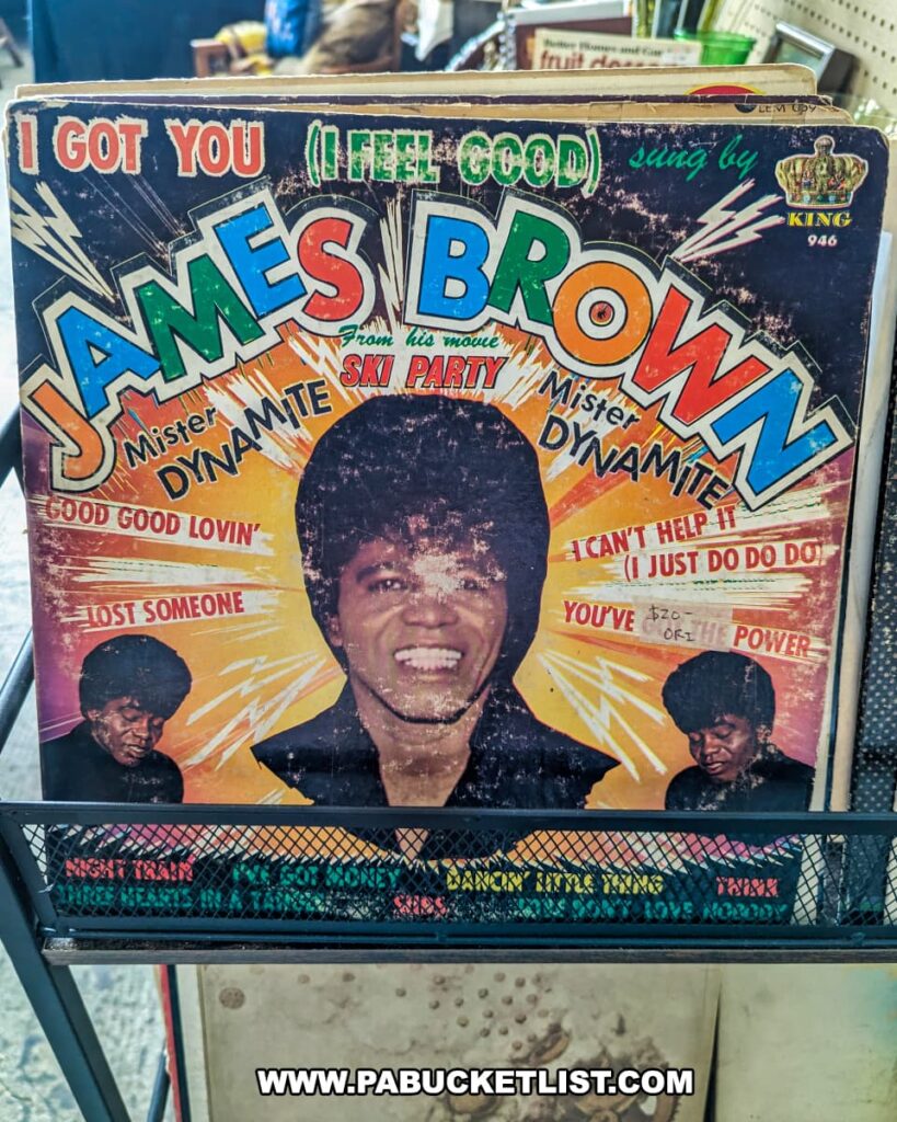 A vintage vinyl record of James Brown's "I Got You (I Feel Good)" is displayed at the Tollbooth Antique Warehouse in Lancaster County, Pennsylvania. The album cover features a colorful and dynamic design with bold lettering and images of James Brown. The record is part of a collection of vinyl albums available for sale at the multi-vendor antique store, located in a former factory building. The vibrant artwork and nostalgic feel of the album highlight the diverse range of collectible music memorabilia available at this expansive marketplace.