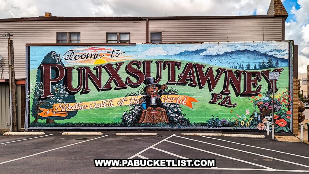 A photo of a large mural in Punxsutawney, Pennsylvania, welcoming visitors to the town. The mural features the text "Welcome to Punxsutawney, PA. Weather Capital of the World" in bold, colorful letters. At the center of the mural is an illustration of Punxsutawney Phil, the famous weather-predicting groundhog, wearing a top hat and tuxedo, sitting on a tree stump. The background includes a scenic landscape with trees, flowers, and mountains under a bright sky with clouds. The mural is painted on the side of a building, adding a vibrant and welcoming touch to the town.