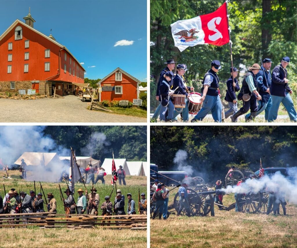 A collage of four photos taken at the Battle of Gettysburg reenactment at the historic Daniel Lady Farm in Adams County, PA. The top left photo shows a large red barn and a smaller red building on the farm grounds under a bright blue sky. The top right photo captures Union infantry reenactors marching with flags and drums. The bottom left photo features Confederate soldiers in formation with rifles ready, set against a backdrop of tents and smoke from battle reenactments. The bottom right photo depicts Union artillery reenactors operating cannons with smoke billowing from the fired cannons.