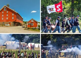 A collage of four photos taken at the Battle of Gettysburg reenactment at the historic Daniel Lady Farm in Adams County, PA. The top left photo shows a large red barn and a smaller red building on the farm grounds under a bright blue sky. The top right photo captures Union infantry reenactors marching with flags and drums. The bottom left photo features Confederate soldiers in formation with rifles ready, set against a backdrop of tents and smoke from battle reenactments. The bottom right photo depicts Union artillery reenactors operating cannons with smoke billowing from the fired cannons.