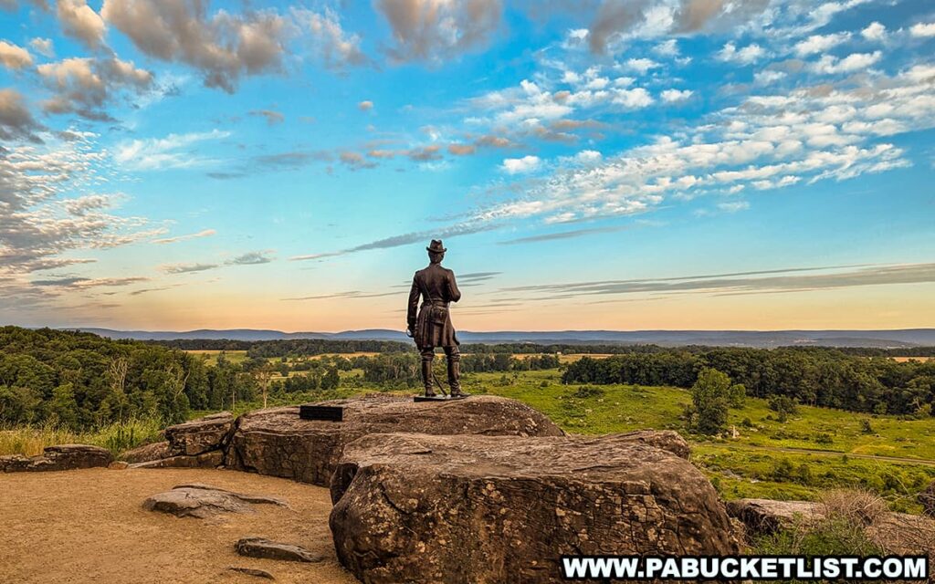 The photo depicts a statue of Union General Warren standing on a rocky outcrop at Little Round Top in Gettysburg National Military Park. The statue overlooks a vast, verdant landscape with rolling hills and dense forests under a vibrant blue sky scattered with fluffy clouds. The officer appears to be gazing out over the battlefield, evoking a sense of reflection and reverence for the historic events that took place in this location. The early morning light enhances the peaceful yet solemn atmosphere of the scene.