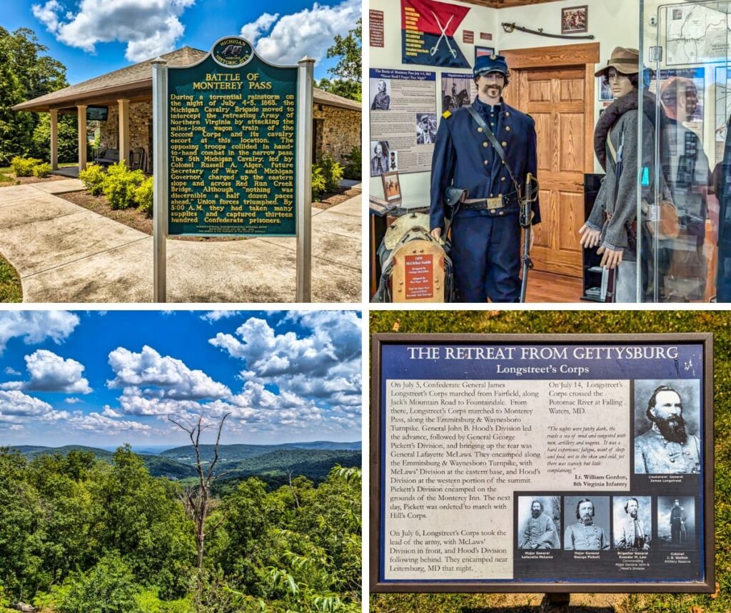 Collage of four photos taken at Monterey Pass Battlefield Park and Museum in Franklin County, Pennsylvania. The top left image shows a historical marker about the Battle of Monterey Pass with the museum building in the background. The top right image features mannequins dressed in Civil War uniforms inside the museum. The bottom left image captures a scenic view from Monterey Peak, highlighting green hills and a blue sky with clouds. The bottom right image displays an informational sign about the retreat from Gettysburg, detailing Longstreet's Corps.