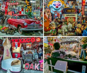 A collage of four photos showcasing different exhibits at the American Treasures Tour Museum in Montgomery County, Pennsylvania. The top left image features a red vintage car surrounded by colorful signs, bicycles hanging from the ceiling, and various nostalgic decorations. The top right image displays a whimsical collection of vintage toys and dolls, with a large clown figure and a giant Walkman radio serving as a backdrop. The bottom left image highlights an eclectic mix of advertising memorabilia, including a large Texaco sign, a giant Kentucky Fried Chicken bucket, and a unique high-heeled shoe display. The bottom right image captures the perspective from a tram ride through the museum, with the driver steering through aisles filled with an assortment of Americana collectibles and artifacts. The collage captures the vibrant and eclectic nature of the museum’s displays, offering a glimpse into the wide variety of items on exhibit.