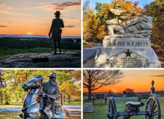 The collage features four photos taken on the battlefield at Gettysburg National Military Park. The top left image shows a statue of a Union officer on Little Round Top during a peaceful sunset, overlooking the expansive battlefield. The top right image captures a monument dedicated to the 78th and 102nd New York Infantry, depicting a soldier crouched behind rocks, set against a backdrop of colorful autumn foliage. The bottom left image displays a statue of a cavalry officer on horseback, surrounded by vibrant fall trees, highlighting the dynamic and detailed sculpture. The bottom right image features cannons and a monument at sunset, with the sky painted in warm hues and silhouettes of trees and statues in the background, creating a reflective and serene atmosphere.