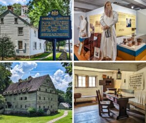 A collage of four photos from the Ephrata Cloister in Lancaster County, PA. The top left image shows a historical marker and a white clapboard building with a cupola. The top right image features mannequins dressed in traditional cloister attire in a museum exhibit. The bottom left image displays a large, multi-story wooden building with dormer windows, surrounded by trees and a grassy area. The bottom right image depicts an interior room with a wooden table, bench, and a framed piece of calligraphy on the wall, showcasing the simple living quarters.