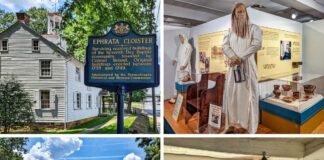 A collage of four photos from the Ephrata Cloister in Lancaster County, PA. The top left image shows a historical marker and a white clapboard building with a cupola. The top right image features mannequins dressed in traditional cloister attire in a museum exhibit. The bottom left image displays a large, multi-story wooden building with dormer windows, surrounded by trees and a grassy area. The bottom right image depicts an interior room with a wooden table, bench, and a framed piece of calligraphy on the wall, showcasing the simple living quarters.