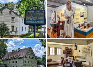 A collage of four photos from the Ephrata Cloister in Lancaster County, PA. The top left image shows a historical marker and a white clapboard building with a cupola. The top right image features mannequins dressed in traditional cloister attire in a museum exhibit. The bottom left image displays a large, multi-story wooden building with dormer windows, surrounded by trees and a grassy area. The bottom right image depicts an interior room with a wooden table, bench, and a framed piece of calligraphy on the wall, showcasing the simple living quarters.