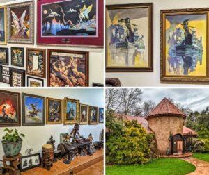 A collage of four photos taken at the Frazetta Art Museum in Monroe County, PA. The top left image shows a wall with framed fantasy artworks, including colorful paintings and detailed illustrations by Frank Frazetta. The top right image captures two framed paintings of a powerful warrior statue set against an ancient cityscape, showcasing Frazetta's talent in creating dramatic scenes. The bottom left image features a row of framed paintings depicting dynamic and mythical scenes, complemented by sculptures and decorative items arranged below on a shelf. The bottom right image displays the exterior of the museum, highlighting a rustic building with a red-tiled roof, an arched entrance, and lush surrounding greenery, creating an inviting and picturesque setting.