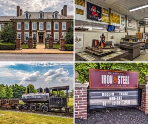 A collage of four photos taken at the National Iron and Steel Heritage Museum in Chester County, PA. The top left image shows the front view of the Lukens Executive Office Building, a stately brick building with a neatly trimmed hedge and wrought iron gate. The top right image displays a detailed model of the steelmaking process inside the museum, showcasing various stages and machinery involved. The bottom left image features a narrow-gauge steam engine labeled "Lukens" parked on a short track, with green trees and a partly cloudy sky in the background. The bottom right image shows the museum's entrance sign, which indicates tour times and is set against a backdrop of lush greenery and a brick pillar.