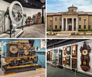 A collage of four photos taken at the National Watch and Clock Museum in Lancaster County, Pennsylvania. The top left image shows an exhibit of early mechanical clocks, including a large white clock face with Roman numerals and intricate mechanisms. The top right image is the exterior of the museum, featuring a neoclassical design with four large white columns and a traditional street clock in front. The bottom left image displays a unique locomotive-shaped clock with intricate details, housed in a glass display case. The bottom right image shows a collection of wall and floor clocks, each with unique designs and intricate woodwork, alongside a glass case containing smaller clocks and horological instruments. The collage highlights the diverse and extensive collection of timepieces at the museum.