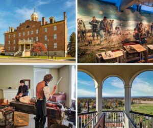 Collage of four photos taken at the Seminary Ridge Museum in Gettysburg, PA. The top left image shows the front view of the historic brick building with a cupola and portico under a blue sky. The top right image depicts an exhibit with a mural of Civil War soldiers and cannons, accompanied by informational displays. The bottom left image captures a reenactment of a Civil War medical scene with a doctor and nurse tending to a wounded soldier. The bottom right image offers a view from the museum's cupola, showcasing a panoramic landscape of fields and trees with autumn foliage under a clear sky.