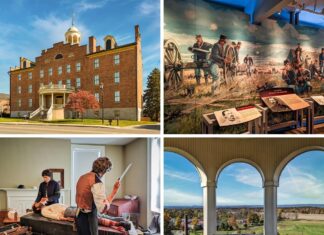 Collage of four photos taken at the Seminary Ridge Museum in Gettysburg, PA. The top left image shows the front view of the historic brick building with a cupola and portico under a blue sky. The top right image depicts an exhibit with a mural of Civil War soldiers and cannons, accompanied by informational displays. The bottom left image captures a reenactment of a Civil War medical scene with a doctor and nurse tending to a wounded soldier. The bottom right image offers a view from the museum's cupola, showcasing a panoramic landscape of fields and trees with autumn foliage under a clear sky.