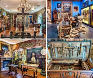 A collage of four photos from the Vampire and Paranormal Museum in Bucks County, Pennsylvania. The top-left image shows an elegant room with chandeliers, religious artifacts, and glass display cases. The top-right image features a skeleton-themed chair and various medieval artifacts. The bottom-left image displays a richly decorated room with an ornate fireplace, statues, and a large painting. The bottom-right image highlights an intricately carved vampire hunting trunk filled with wooden stakes, crucifixes, and other tools.