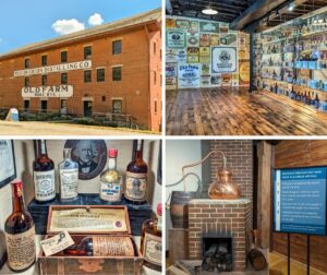A collage of photos taken at West Overton Village in Westmoreland County, PA. The top left image shows the exterior of the historic West Overton Distilling Co. building, labeled "Old Farm Pure Rye." The top right image features a museum display wall with vintage whiskey advertisements and a glass case filled with various whiskey bottles. The bottom left image highlights a collection of Old Overholt whiskey bottles, including a special presentation box and historical bottles. The bottom right image displays a model of a traditional whiskey still and an informative sign outlining the four basic steps of whiskey production followed by Abraham Overholt. This collage captures the rich heritage and historical significance of whiskey production at West Overton Village.